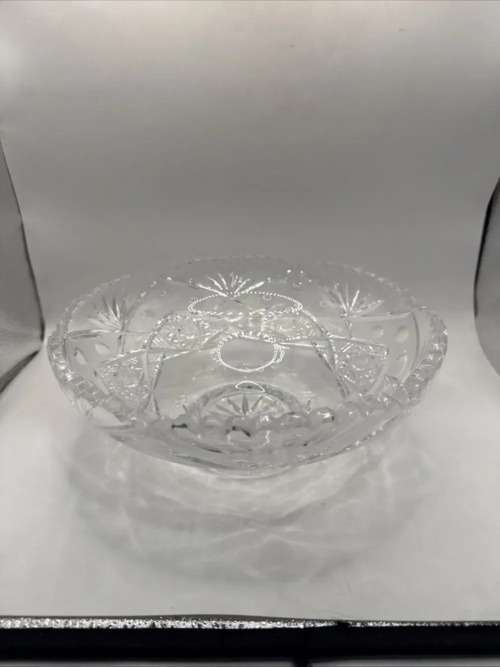 Vintage Heavy Cut Crystal Bowl 9” Starburst Geometric Pattern Centerpiece *
